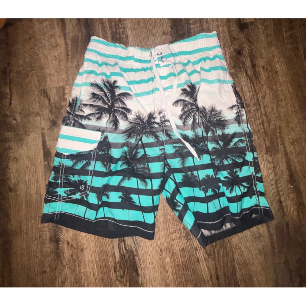 Mens Tropical Palm Tree Swim Trunks Teal White Striped Board Shorts Cargo Pocket